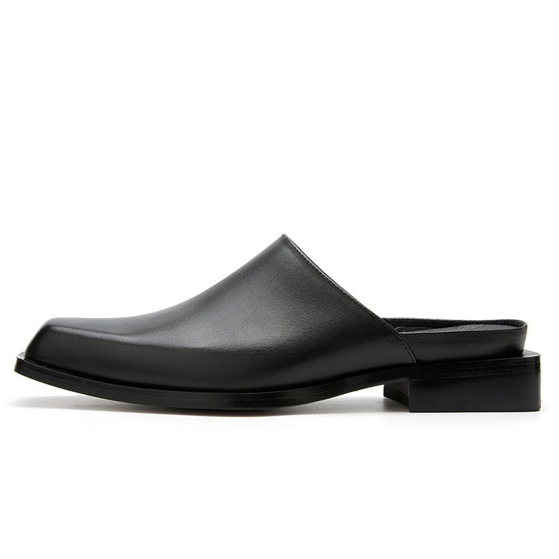 Men's square toe cowhide slippers with empty back, fashionable, casual and versatile heelless leather shoes, hollow leather slip