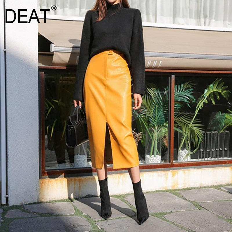 Fashionable Leather Skirt Khaki Blue Coffee Color Pu Medium Long High Waist Long Skirt