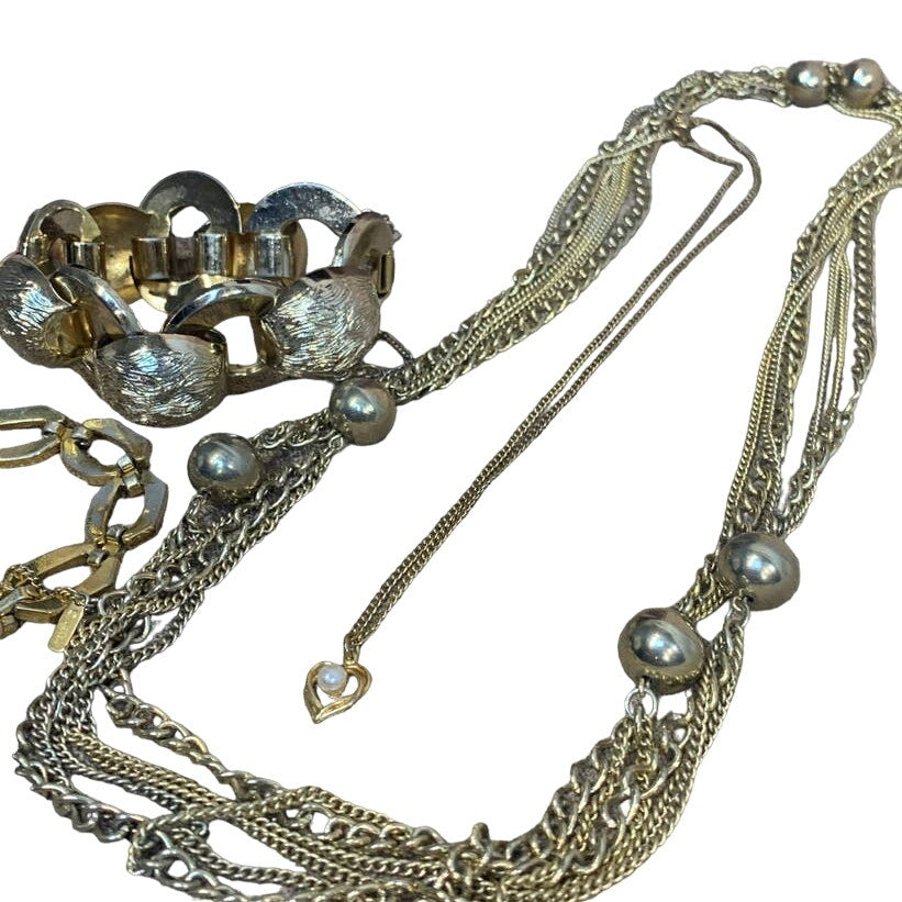 10 Piece Vintage Gold Toned Chain Link Beaded Necklace Bracelet Jewelry Lot