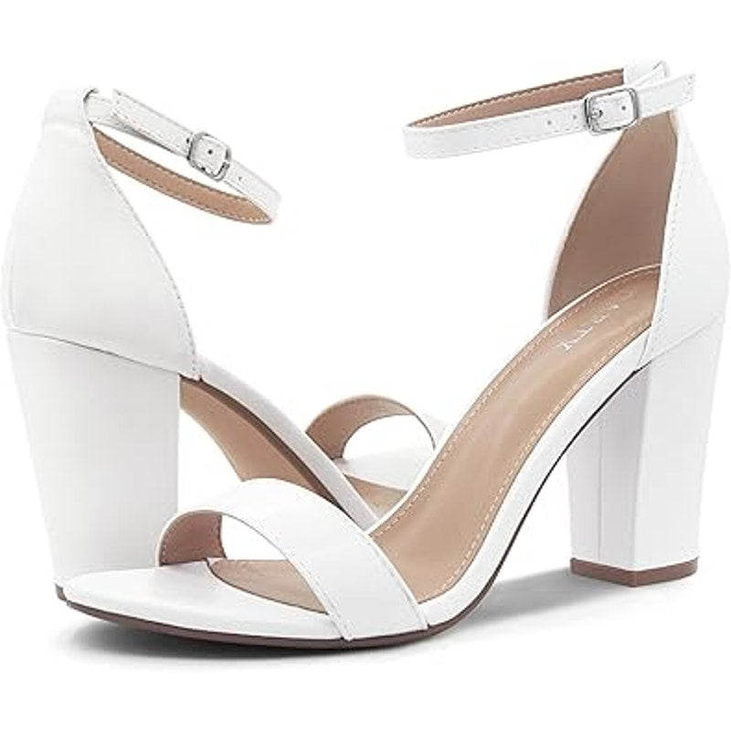 Party Womens 8 White Open Toe Ankle Strap 3.5" Block Heel Sandal Wedding Shoes