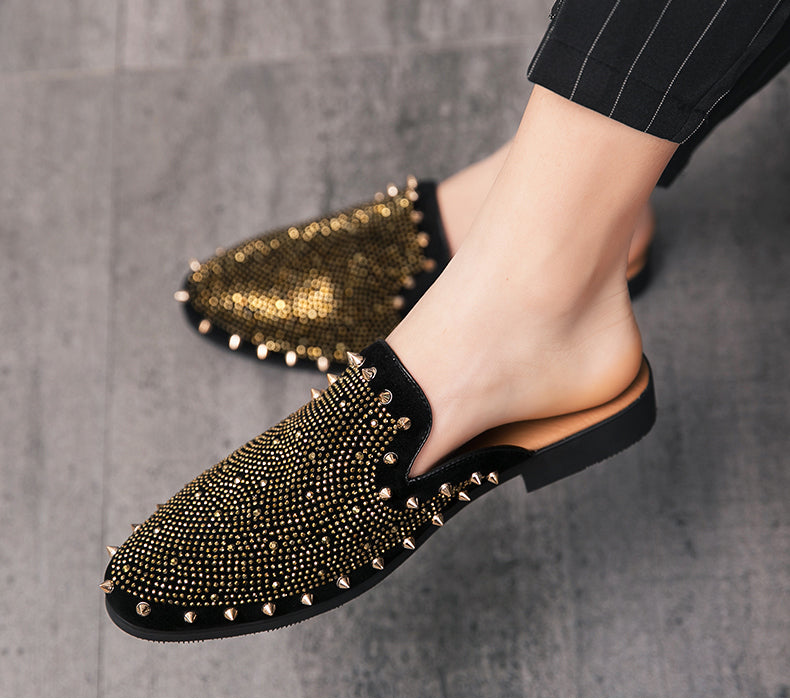 Men's Rhinestone Metal Half Drag Pointed-Toe Shoes