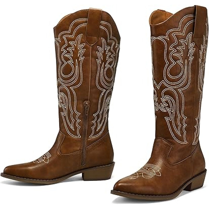 Mysoft Womens Size 9.5 Brown Embroidered 1.5" Chunky Heel Cowboy Western Boots