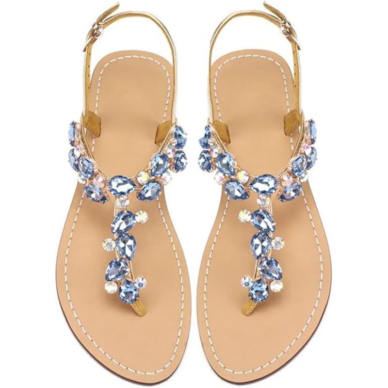 Aijivou Womens Size 9.5 Blue Rhinestone Sandals Flip Flop Open Round Toe Shoes