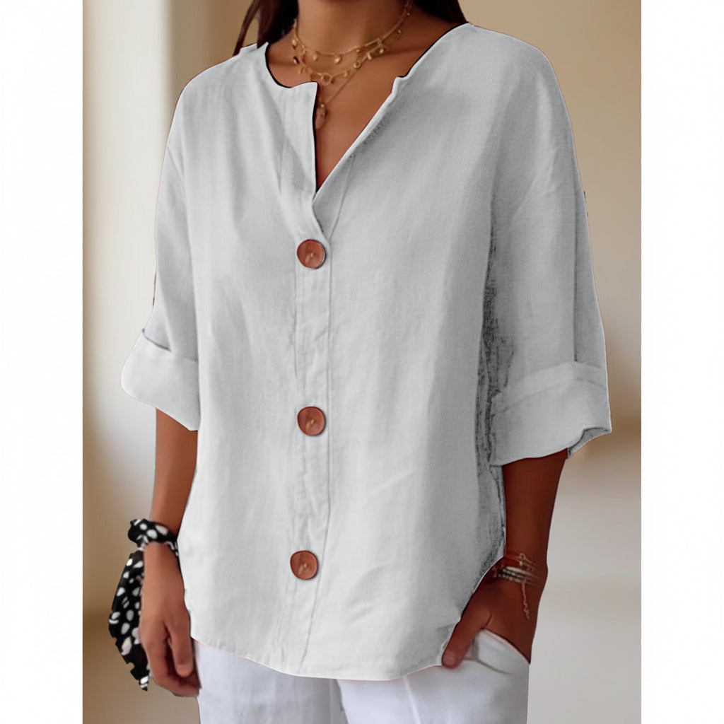 Women’s V-Neck Cotton Linen Buttoned Blouse