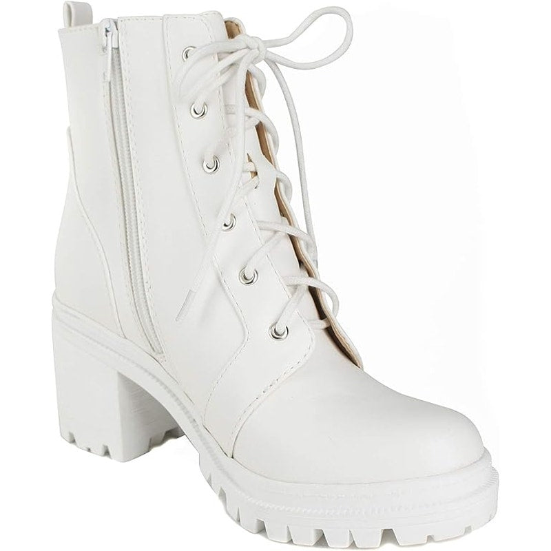 SODA Indiana Women Size 8 White Faux Leather Lace Up 3" Chunky Heel Combat Boots