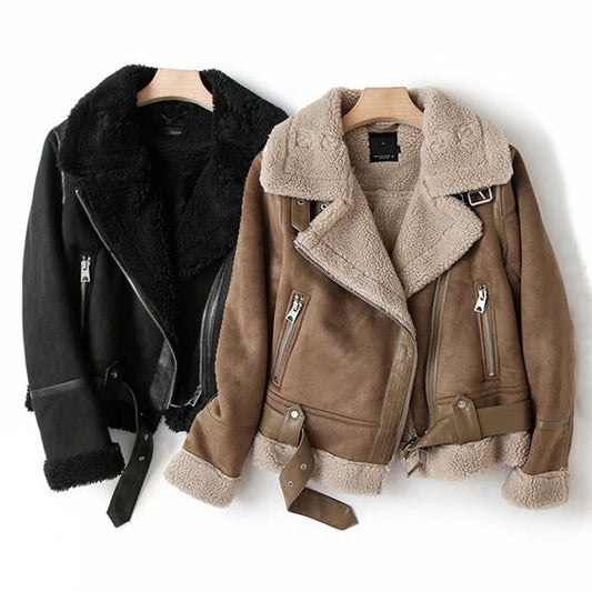 Suede Lamb Wool Warm Lapel Coat Motorcycle Clothing Women's Outwears
