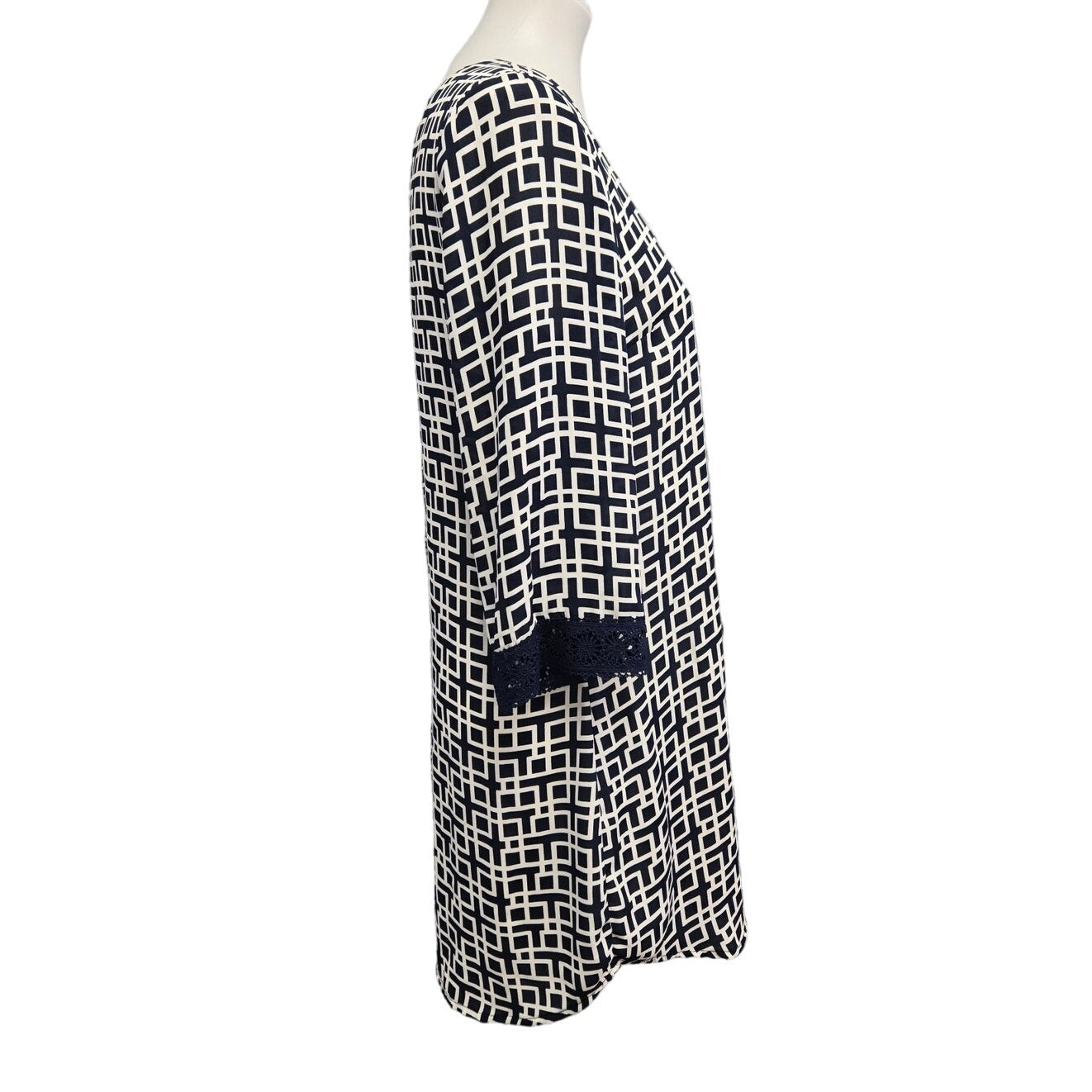 Alya Womens Medium Long Sleeve Scoop Neck Lined Geometric Navy Sheath Dress