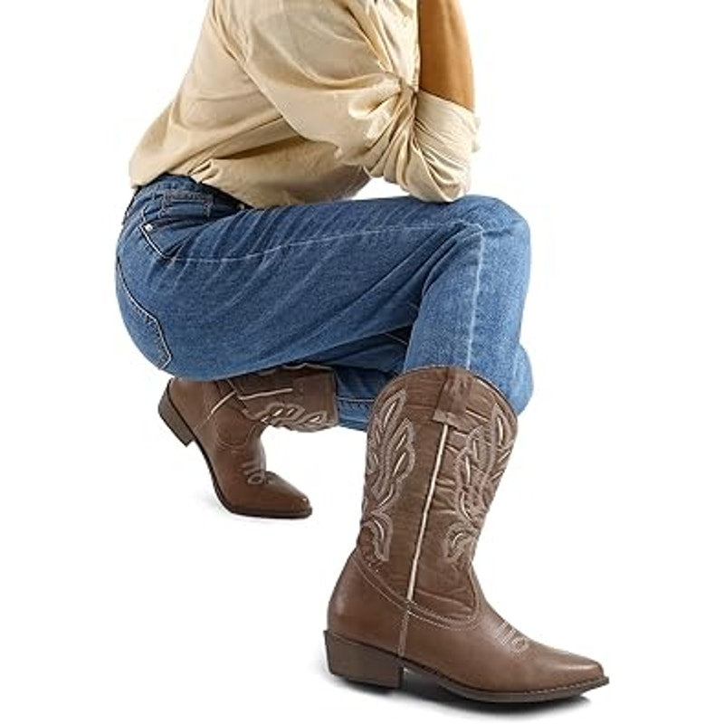 Mysoft Womens Size 9.5 Brown Embroidered 1.5" Chunky Heel Cowboy Western Boots