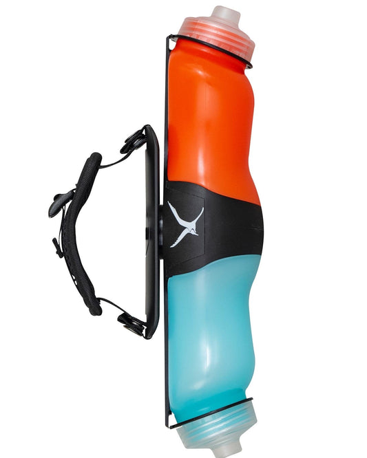 Hydration bottle with orange top and blue bottom on a white background