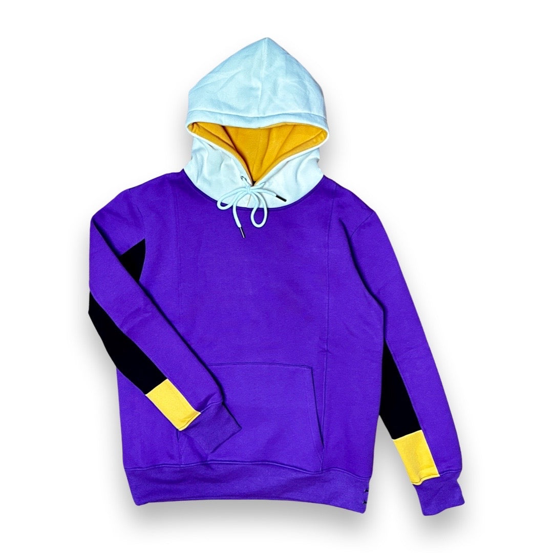 A purple pullover hoodie with a light blue hood, yellow lining, black sleeve panels, and yellow cuff accents, shown on a plain white background.