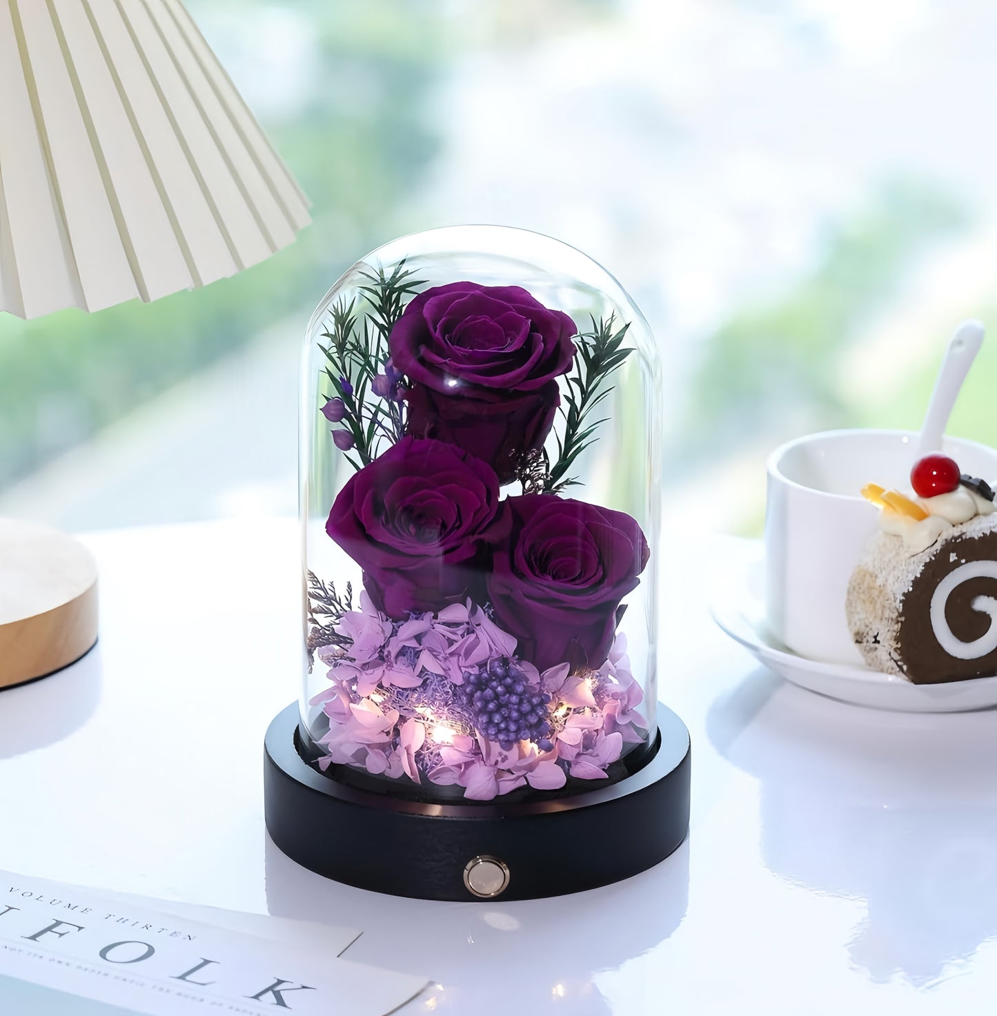 100% Real Preserved Flowers in Glass Dome with LED, Red Roses for Delivery