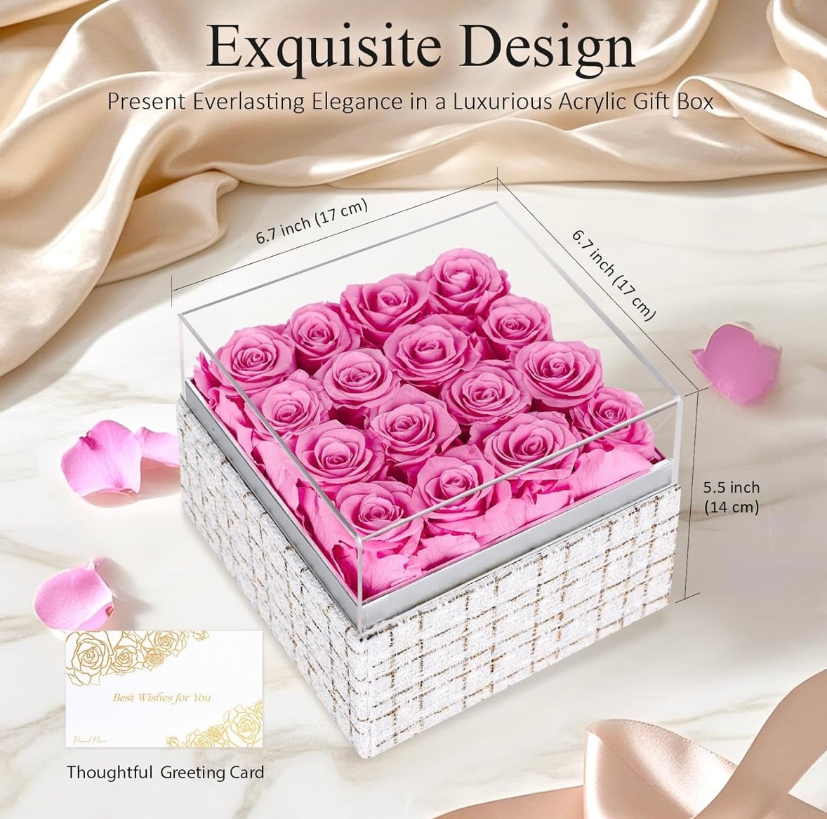 “Chic Thrills” 16 Count Preserved Rose Box, Eternal Pink / Red Forever Flowers Roses in Acrylic Box