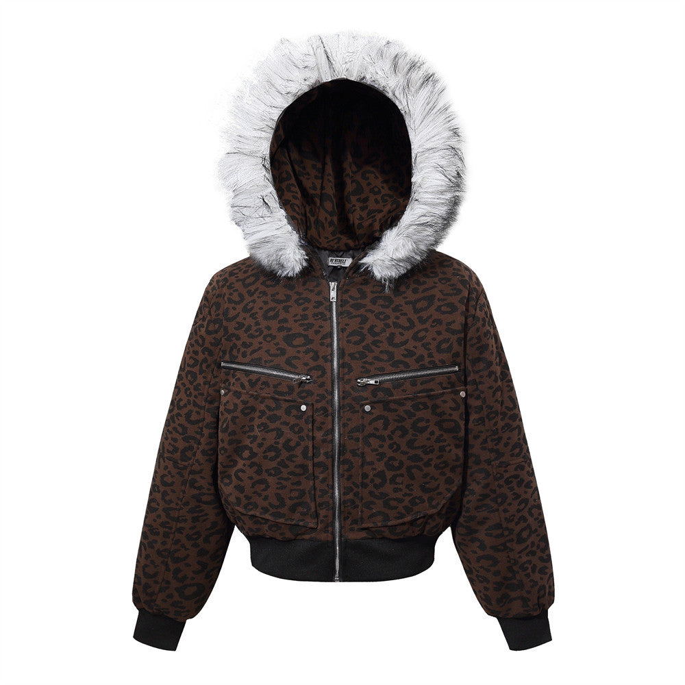 Mountain carving leopard print short hooded cotton jacket
