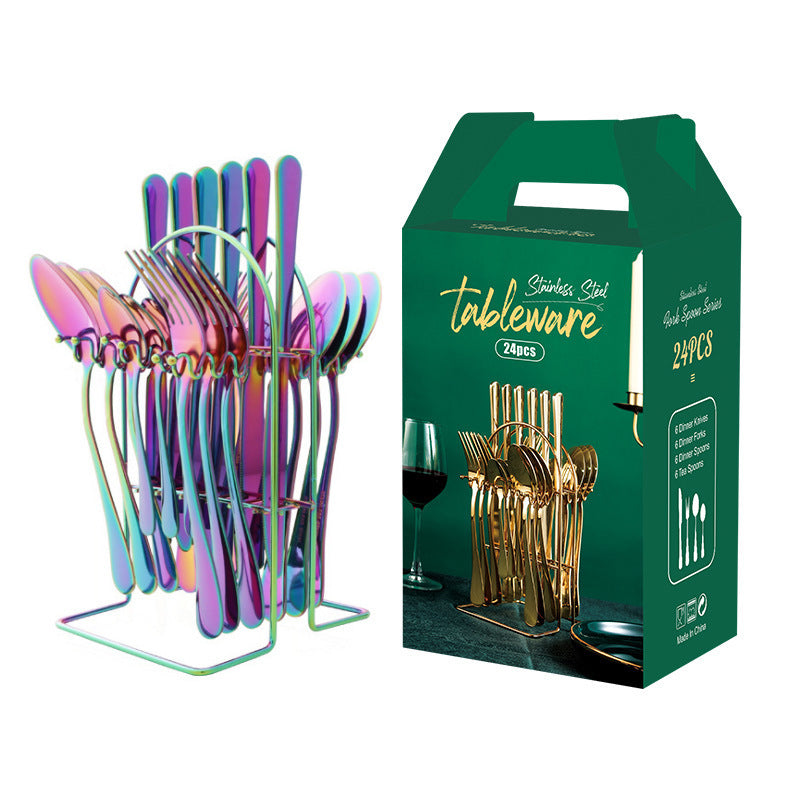 Stainless steel tableware 24 pieces set Western steak knife fork spoon restaurant hotel with storage rack gift box