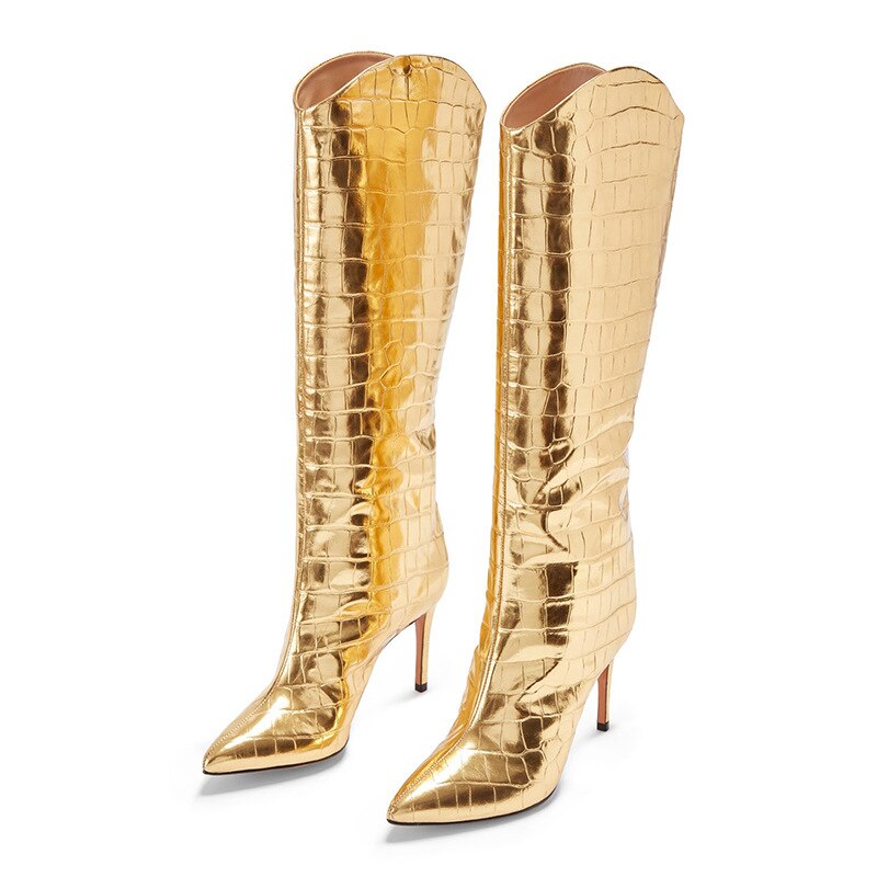 Fashion Women's Shoes Pointed Toe Stilettos Heels Sexy Elegant Ladies Boots Slip-on Gold Knee High Boots 45