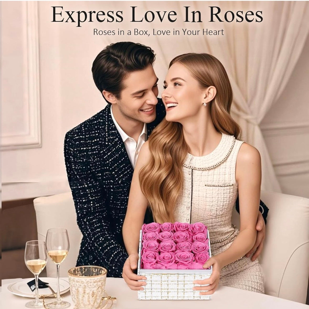 “Chic Thrills” 16 Count Preserved Rose Box, Eternal Pink / Red Forever Flowers Roses in Acrylic Box