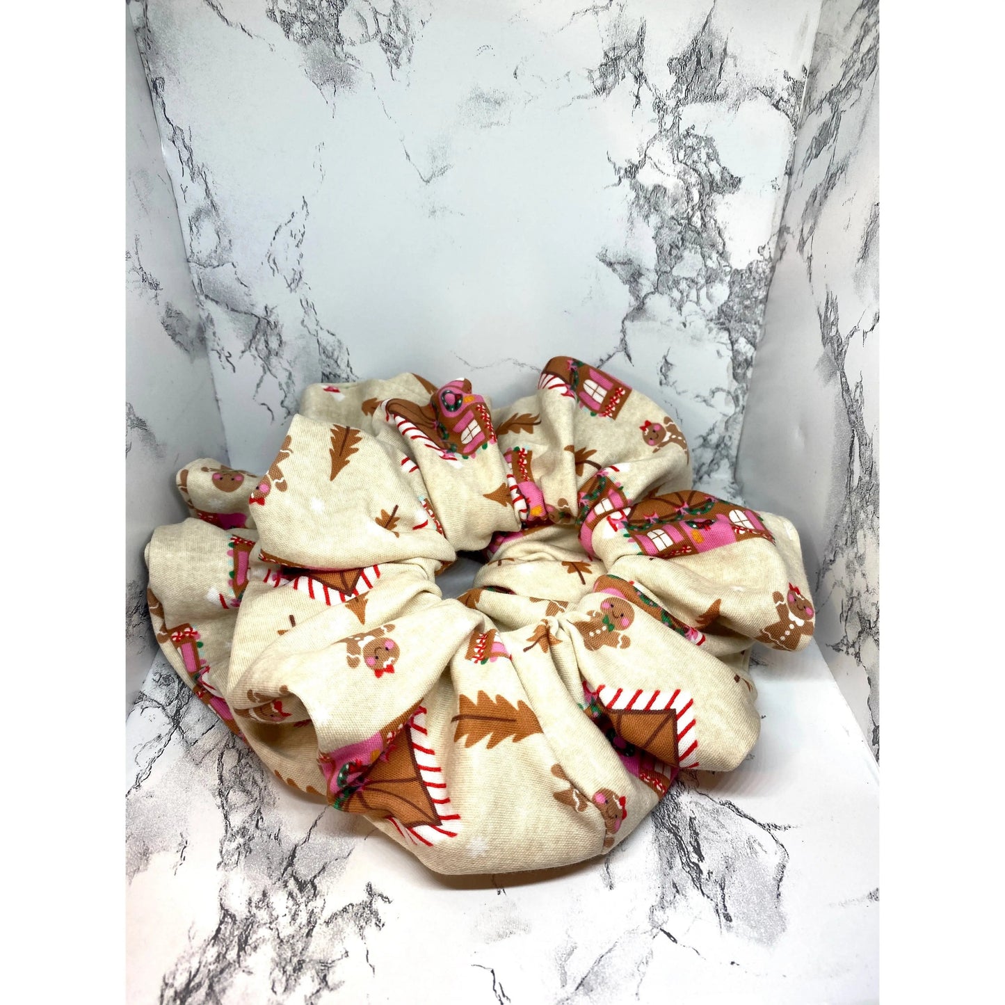Beige Gingerbread House Christmas Scrunchie