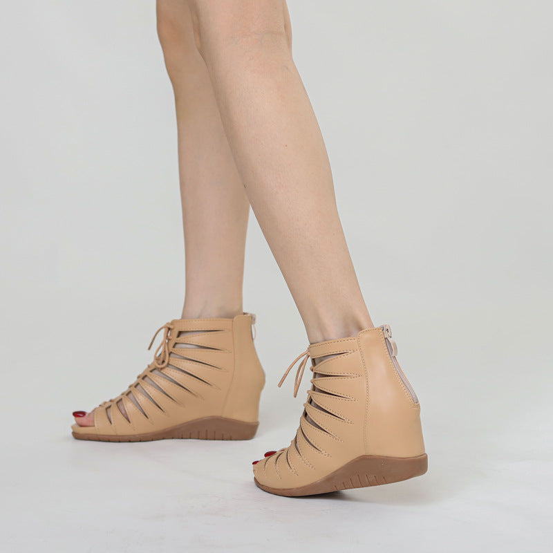 Hollow Out Wedge Sandals with Ankle Strap High-Top Roman Shoes Fish Mouth Sandals for Women