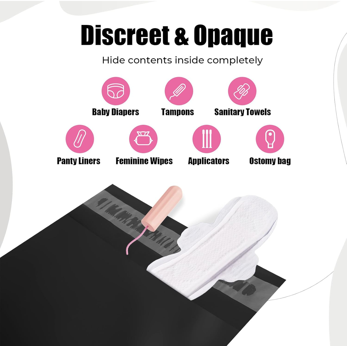 Product image with text 'Discreet & Opaque' and icons for various products on a white background.