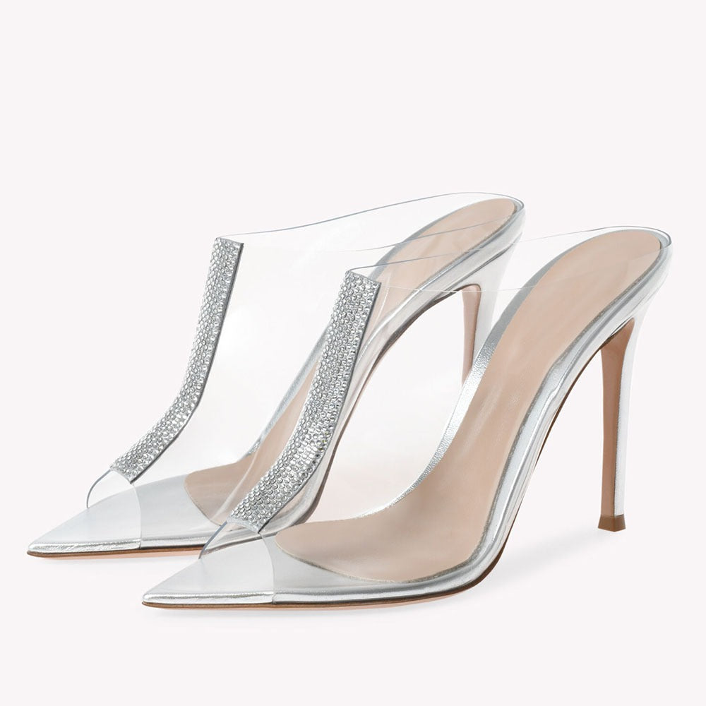 Women Sexy PVC Rhinestone Sandals Open Toe Thin High Heel Shoes Banquet Party Wedding Shoes