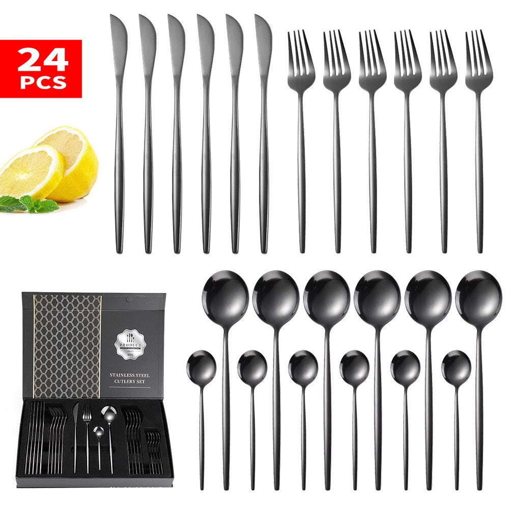 24pcs Dinnerware Set Stainless Steel Tableware Set Knife Fork Spoon Flatware Set Safe Cutlery Set Gift Box Restaurant Silver