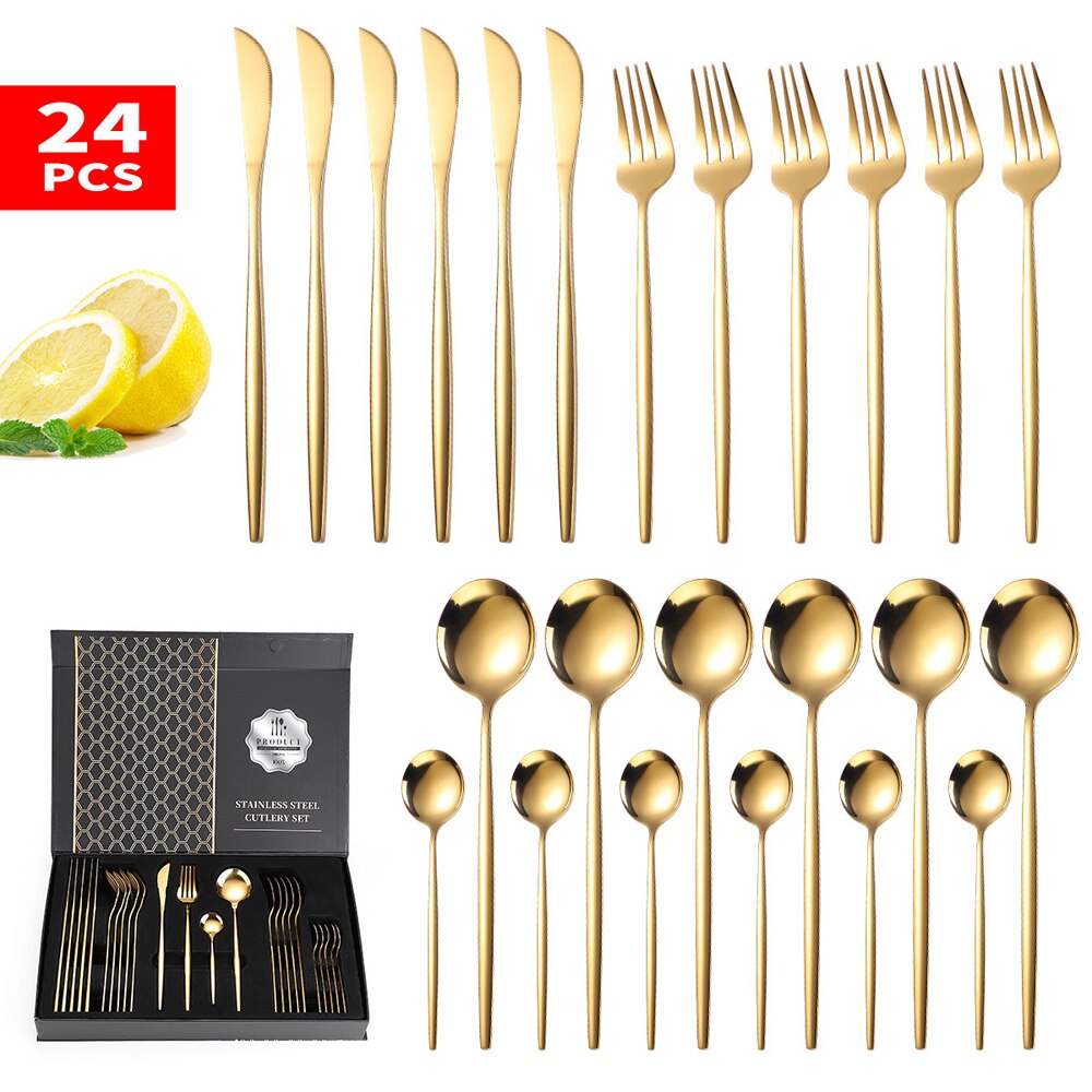 24pcs Dinnerware Set Stainless Steel Tableware Set Knife Fork Spoon Flatware Set Safe Cutlery Set Gift Box Restaurant Silver