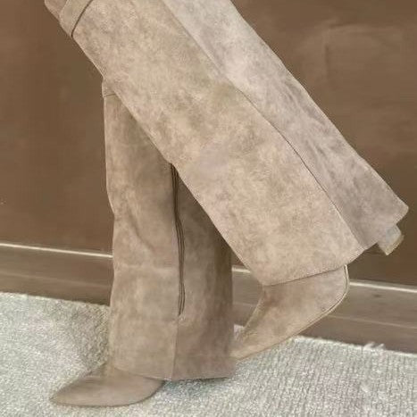 Boots with pointed toes large tube circumference straight tube metal buckle medium length tube thick heel women's boots