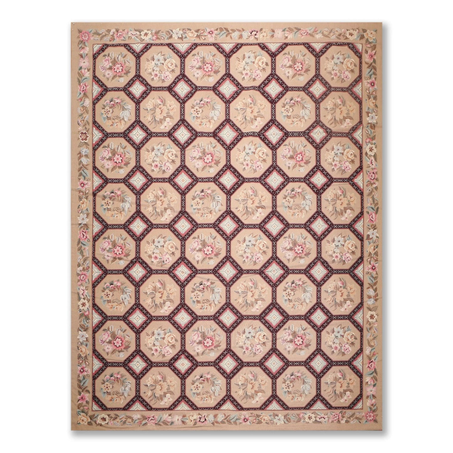 9' x 12' Hand Woven Floral 100% Wool French Needlepoint Area Rug Tan-0