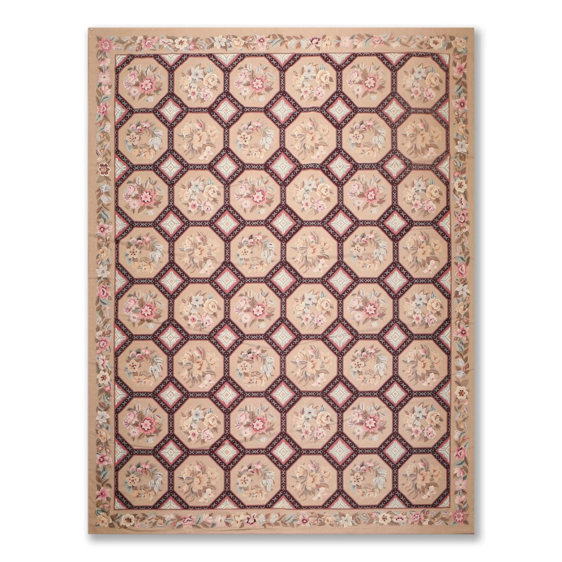 9' x 12' Hand Woven Floral 100% Wool French Needlepoint Area Rug Tan-0