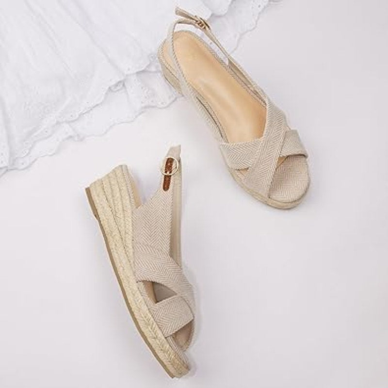 Mysoft Womens 8 Tan Canvas Open Toe Espadrille 2" Platform Buckle Sandals Shoes