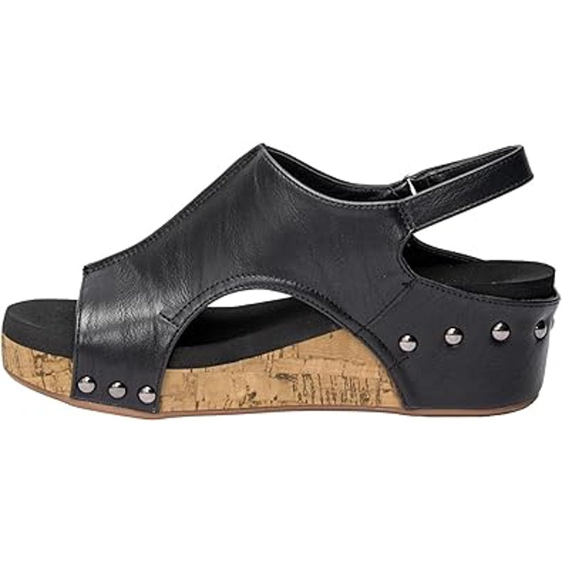 Party Womens Size 7 Black Faux Leather Hook Loop Strap 2" Cork Platform Sandals