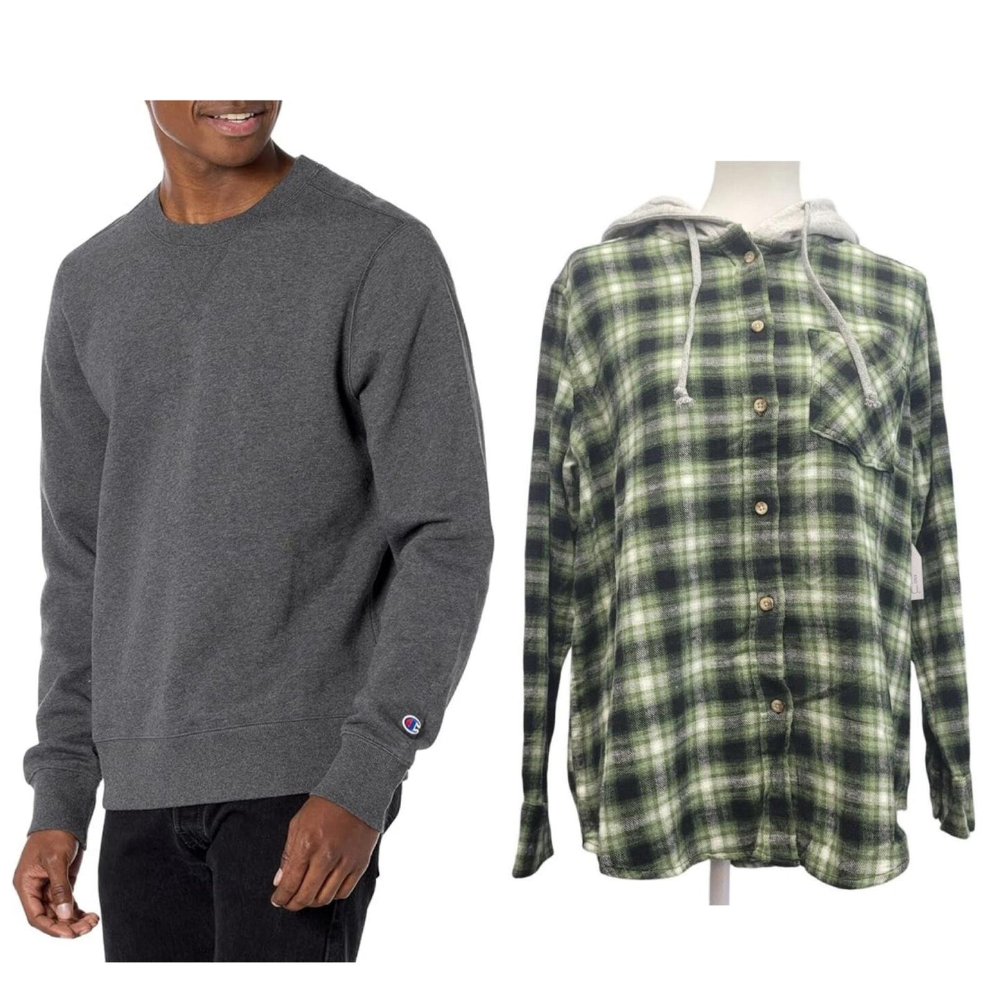New Champion Unisex Small Gray Pullover Sweatshirt w Bonus Plaid Flannel Hoodie