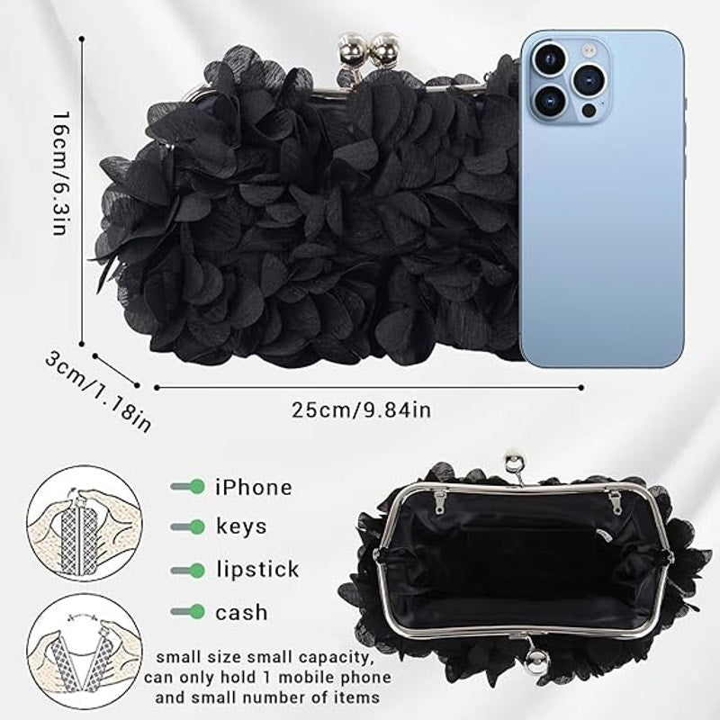New Jambhala Black Flower Petal Clutch Bag with Detachable Shoulder Chains