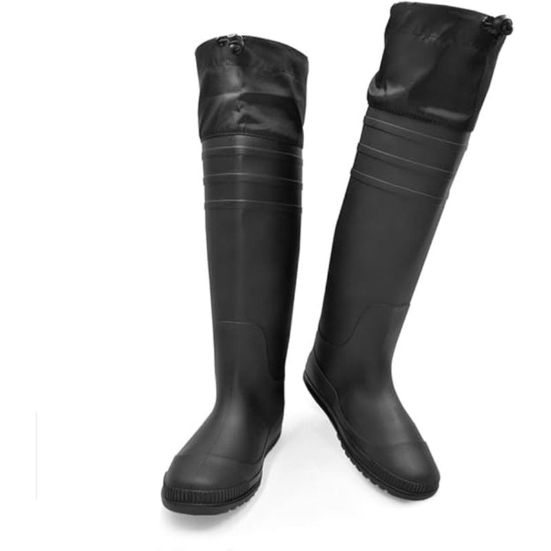 Amoji Mens Size 8 Black Foldable Knee High Mud Rubber Farm Fishing Rain Boots