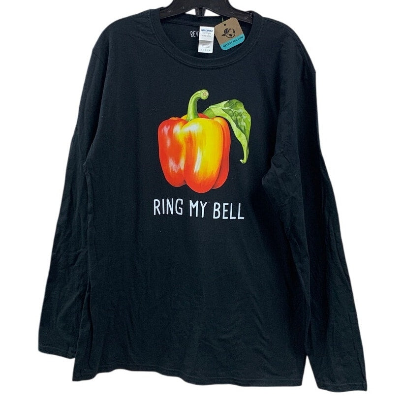 New Hand Printed Womens Large Black Ring My Bell Pepper Long Sleeve Tee Shirt
