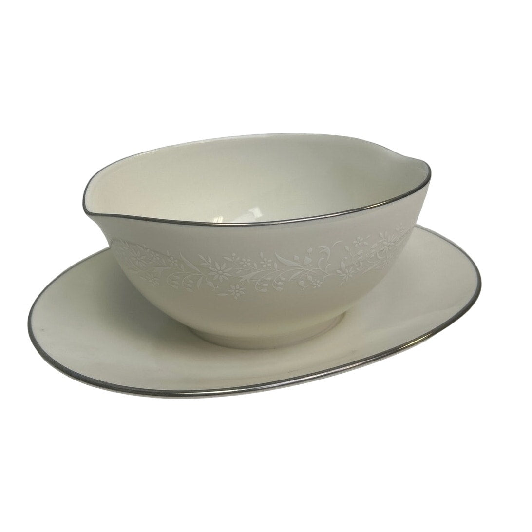 White Floral Noritake Ivory China Lorelei Attached Gravy Boat Saucer Silver Rim