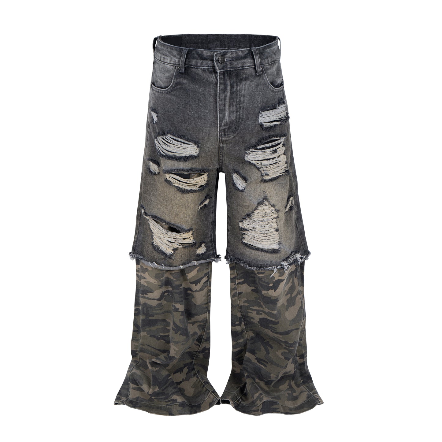 DISTRESSED SPLIT CAMO DENIM