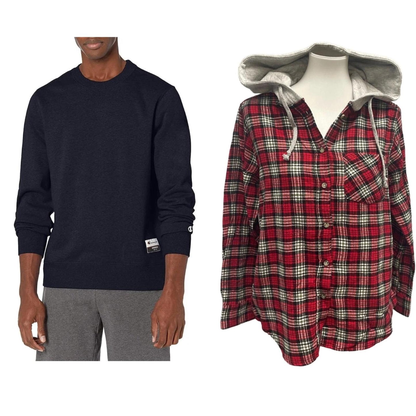 New Champion Unisex Medium Navy Pullover Sweatshirt w Bonus Plaid Flannel Hoodie