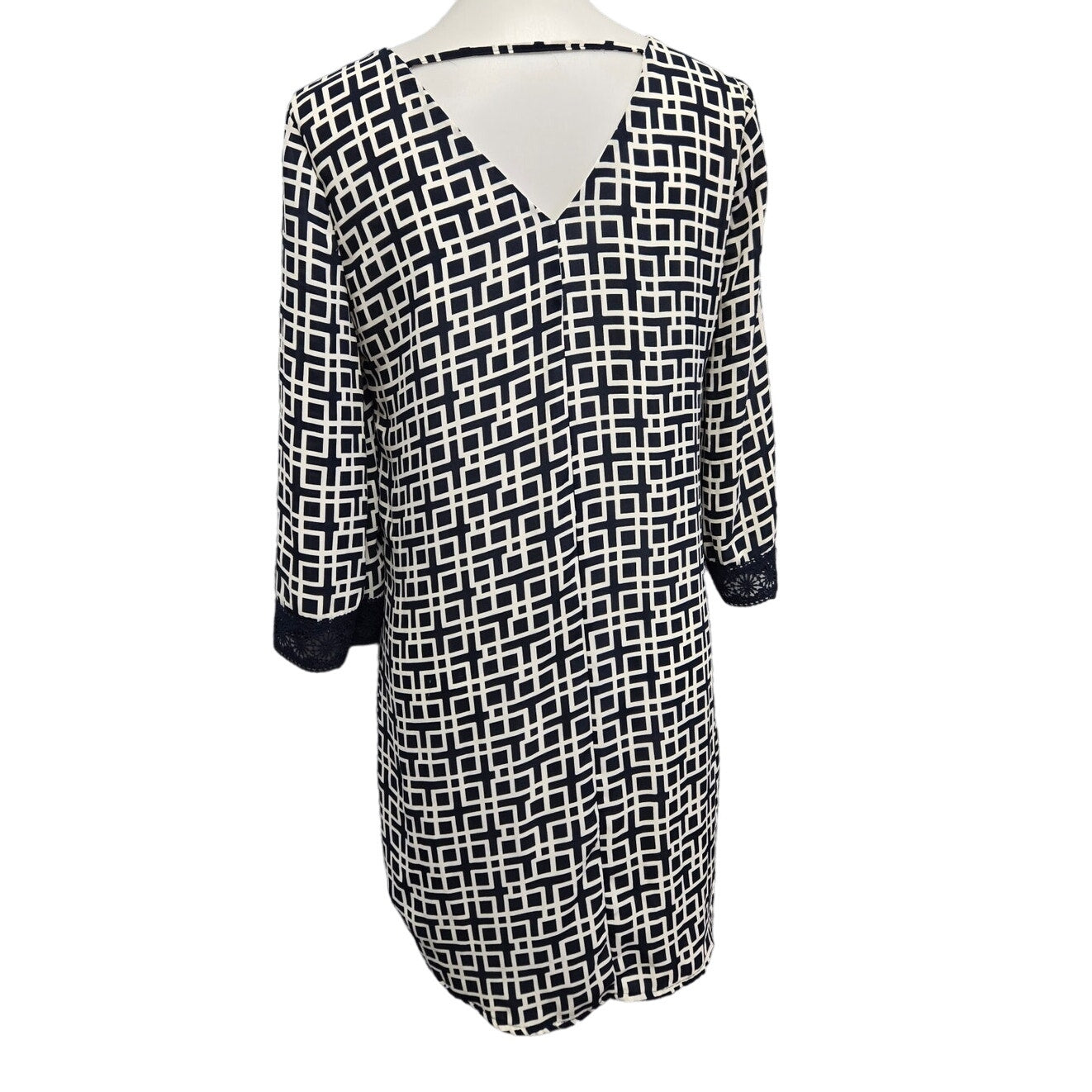 Alya Womens Medium Long Sleeve Scoop Neck Lined Geometric Navy Sheath Dress
