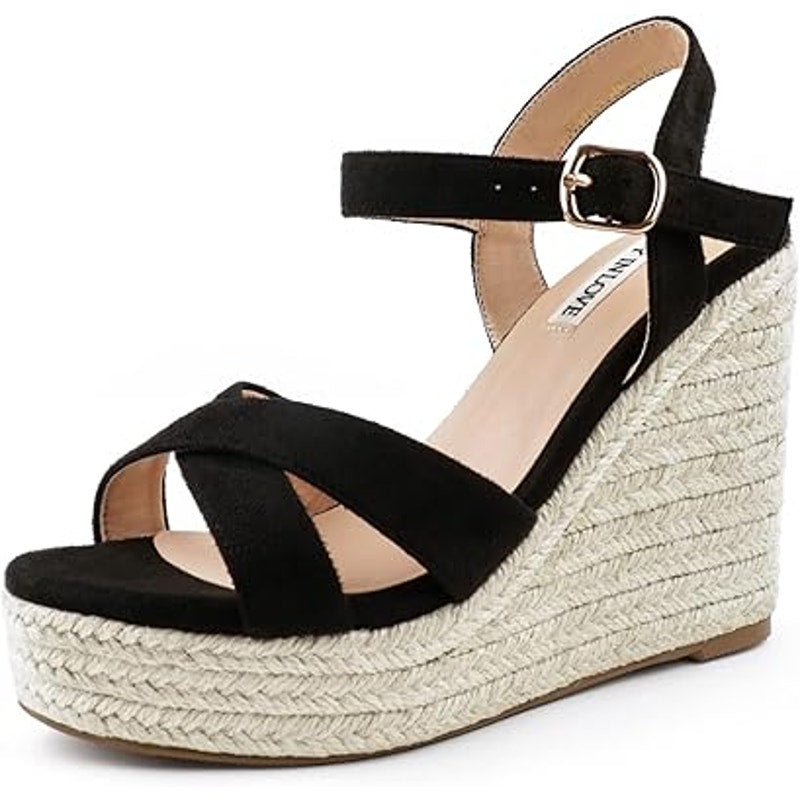 Joy In Love Womens 8.5 Black Faux Suede Espadrille 4.5" Wedge Open Toe Sandals