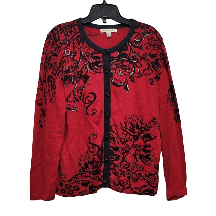 JM Collection Womens Large Petite LP 100% Cotton Long Sleeve Cardigan Sweater
