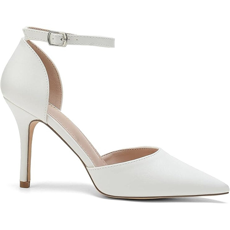 Odisen Womens Size 8 White 3.5" Stiletto Heel Closed Point Toe Ankle Strap Shoes