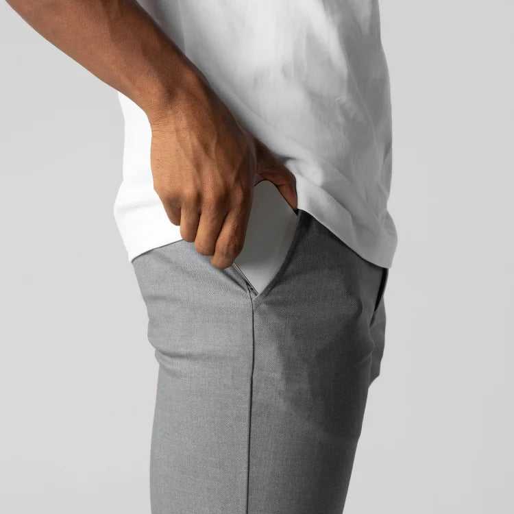 Comfortable Solid Color Pants Elegant Slim Fit Men's Business Trousers With Elastic Waist Button Closure Pockets