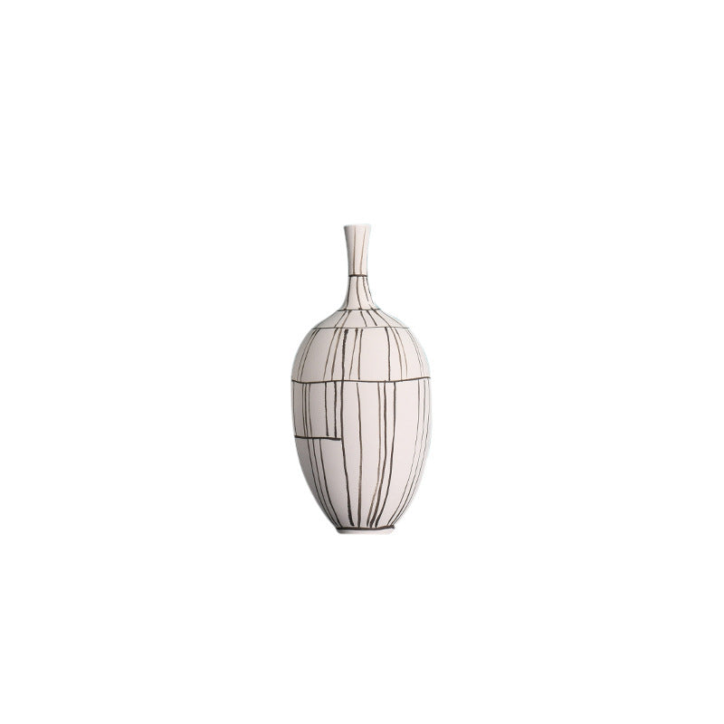 Modern Style Home Decoration Ceramic Frosted Small Mouth Striped Olive-shaped Vase