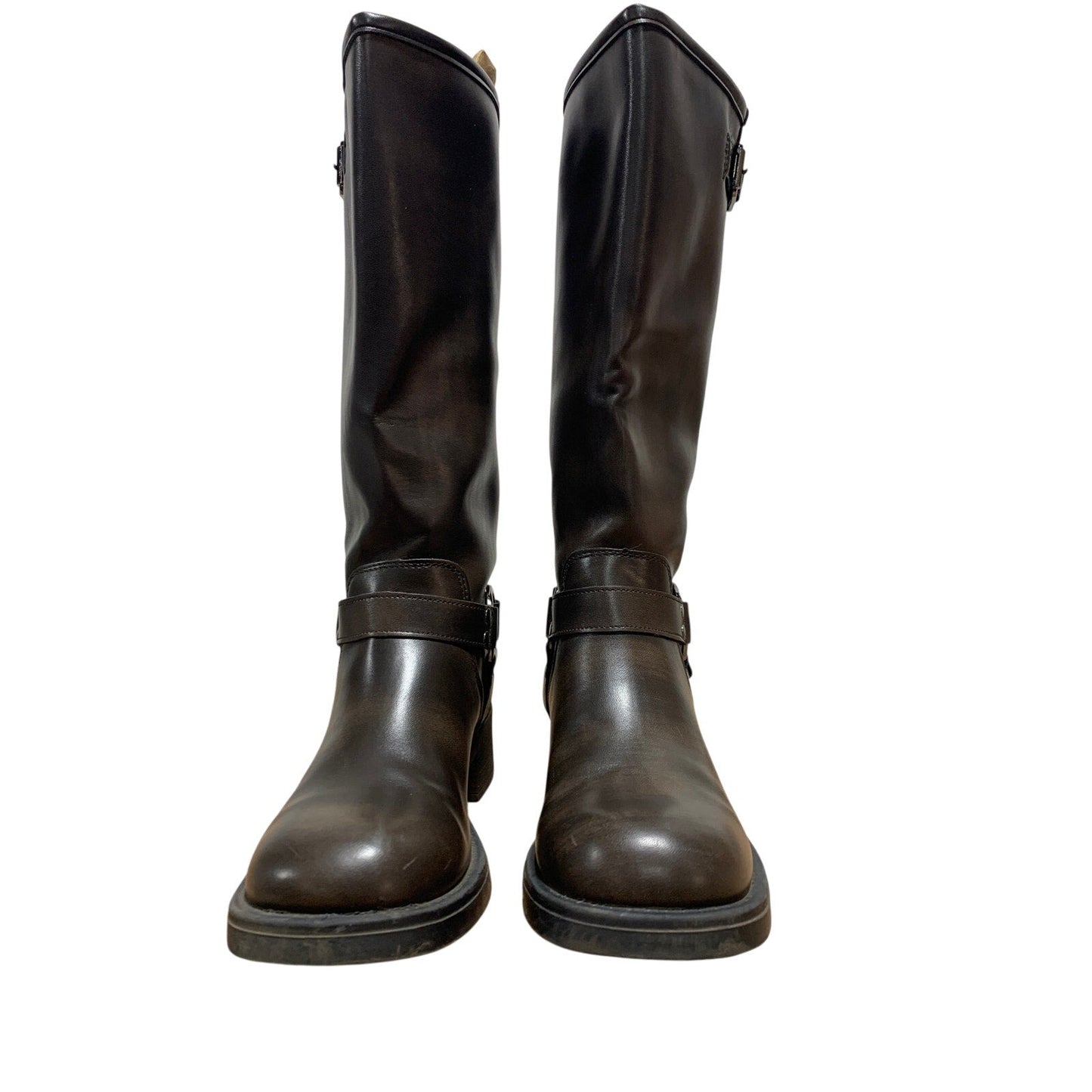 Aminugal Womens Size 7.5 Brown Faux Leather Knee High Square Toe Pull On Boots