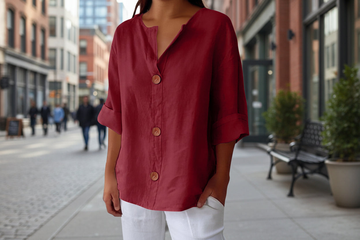 Women’s V-Neck Cotton Linen Buttoned Blouse