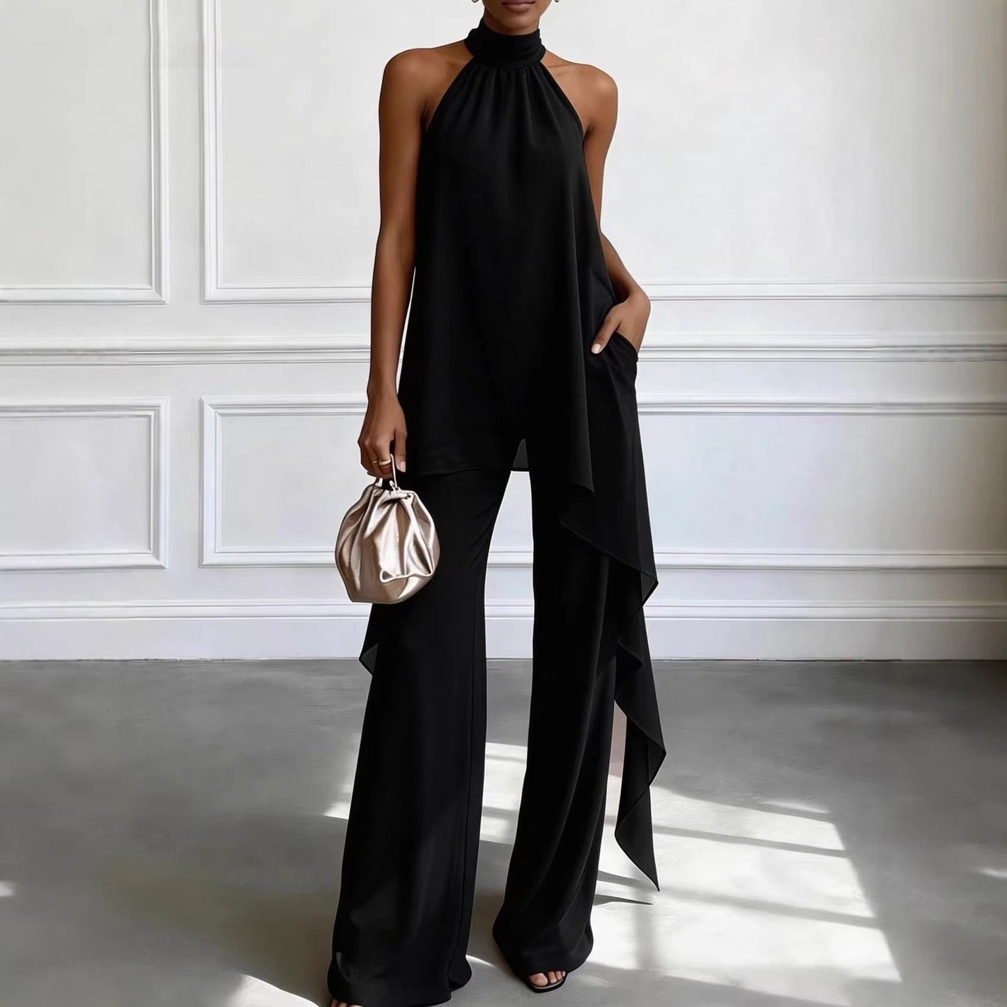 Womens Backless Sleeveless Irregular Top And Pants Two-Piece Set
