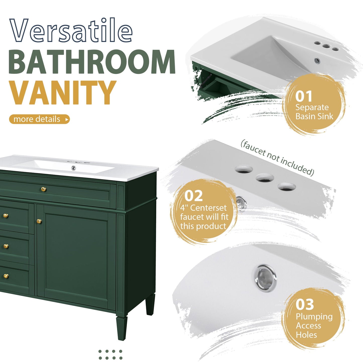 Bathroom Vanity With Mirror Cabinet, Single Sink With 2 Soft Closing Doors And 4 Drawers