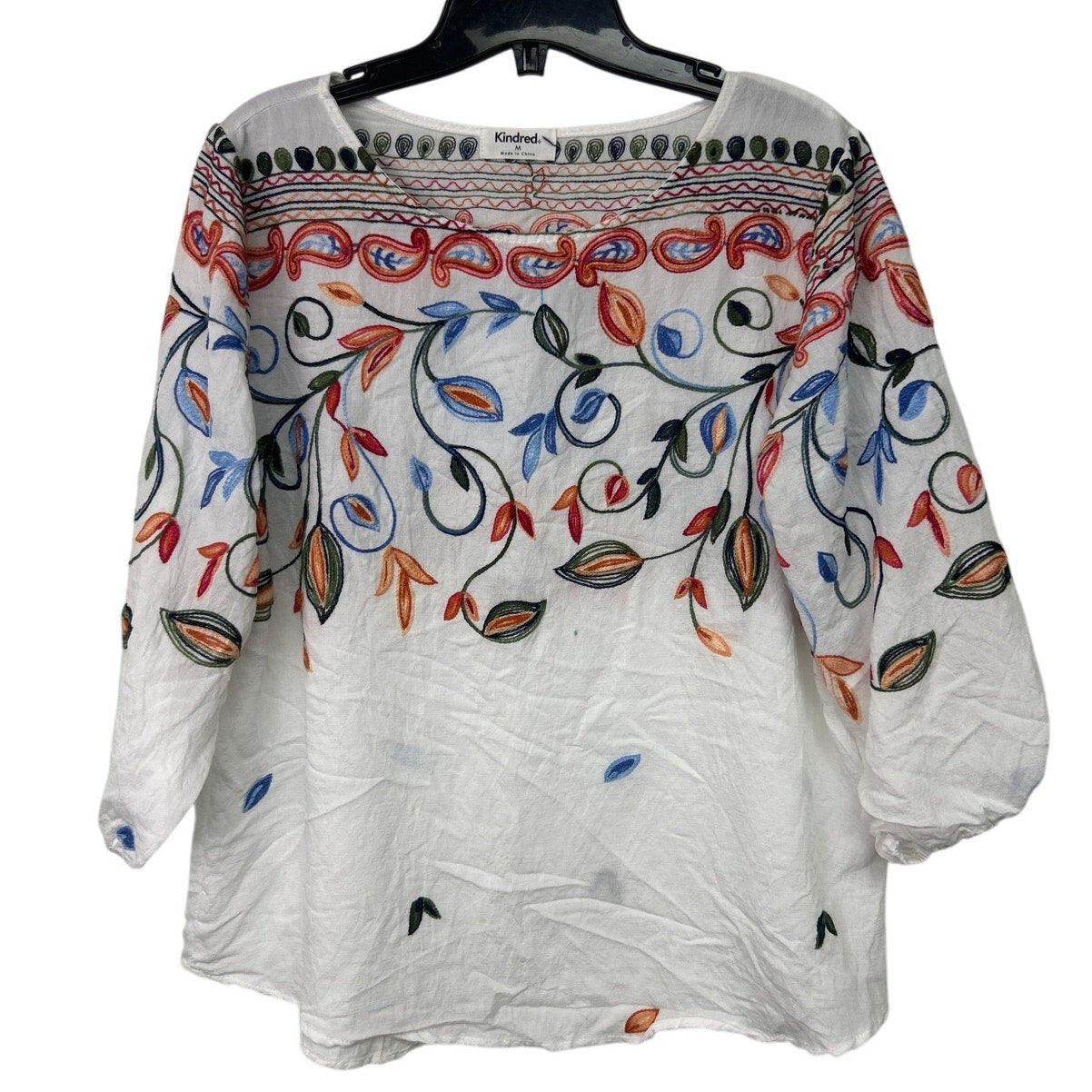 Kindred Womens Medium 100% Polyester Boho Half Sleeve Embroidered Floral Top