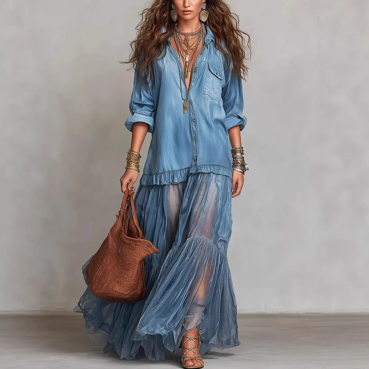 Women's Retro Lapel Collar Faux Denim Maxi Dress Casual Pocketed Dress